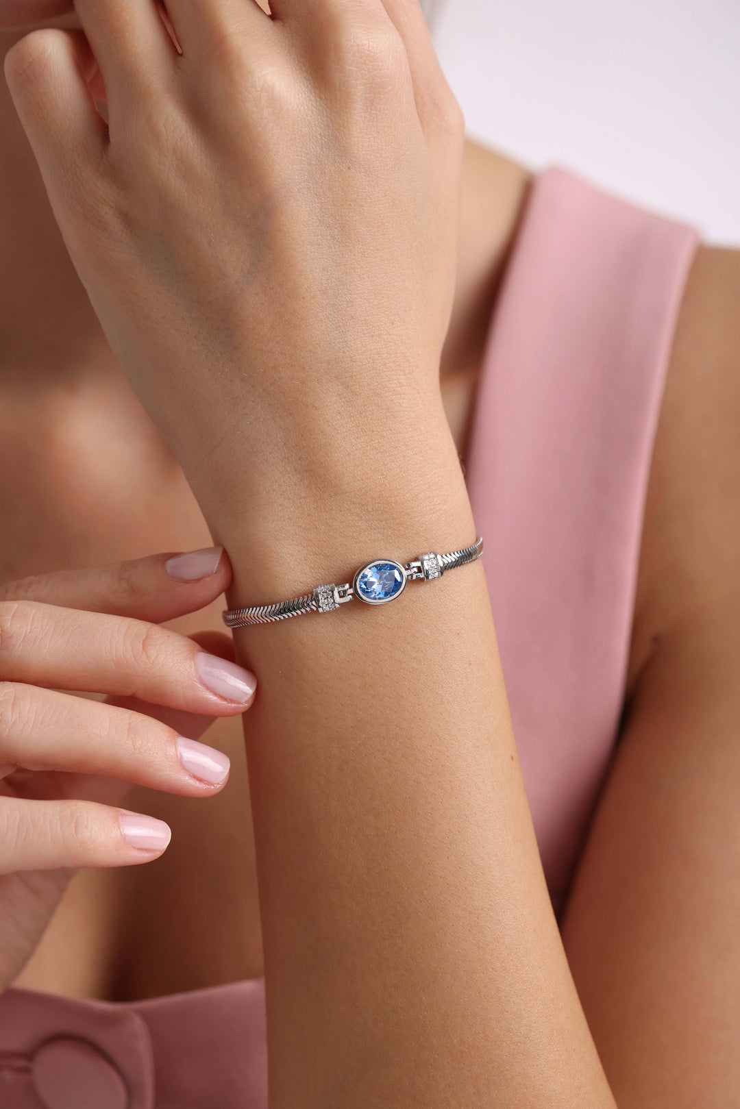 Handmade Herringbone Sterling Silver Bracelet with Aquamarine Stone