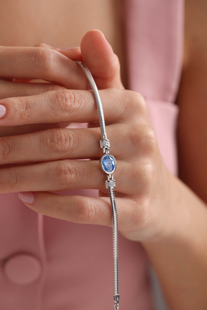 Handmade Herringbone Sterling Silver Bracelet with Aquamarine Stone