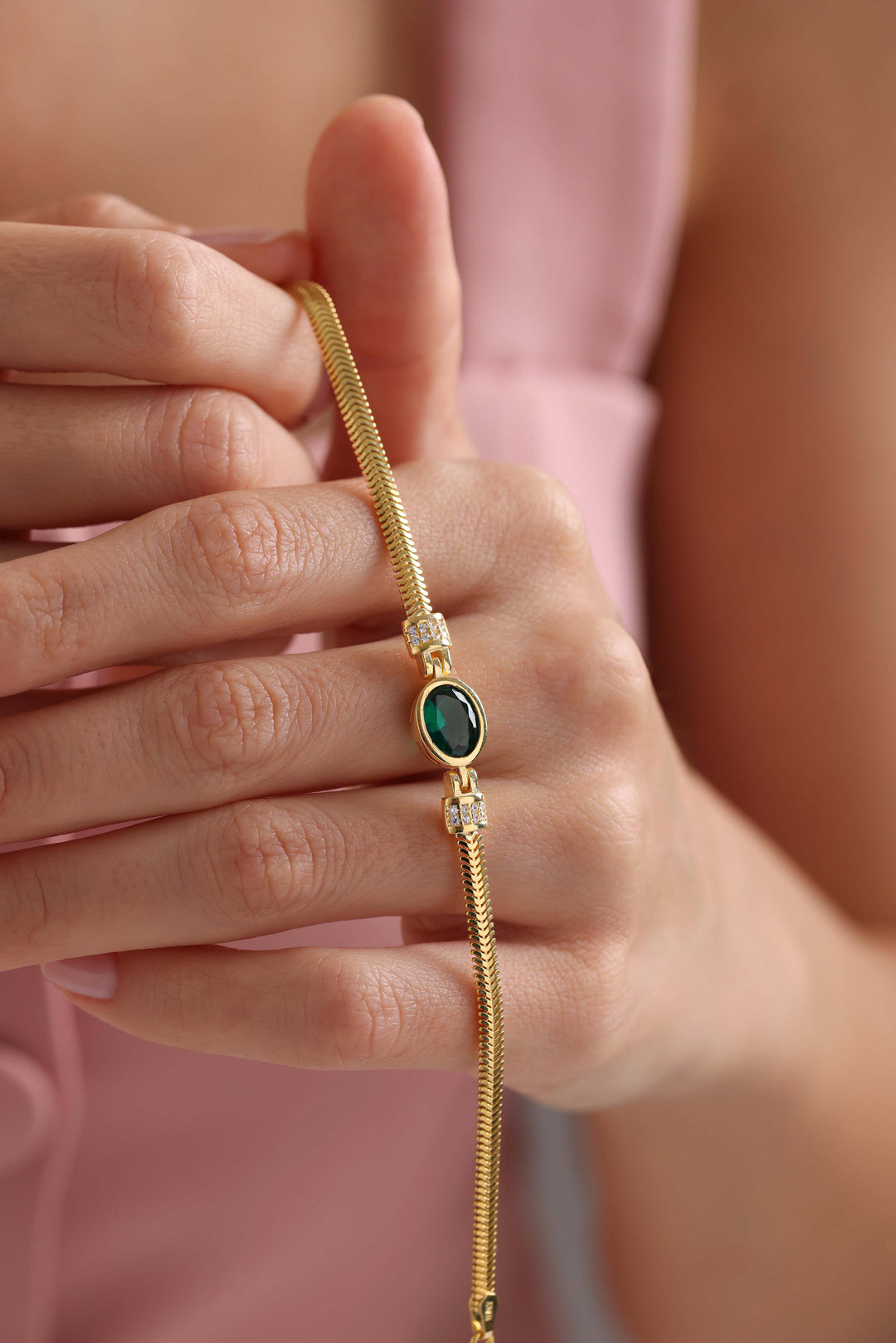 Handmade Herringbone Sterling Silver Bracelet with Emerald Stone